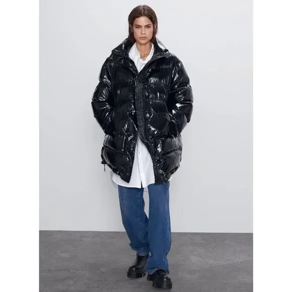 Zara Oversized Puffer Coat Glossy Shiny Jacket Size Medium‎ Black Vogue Runway